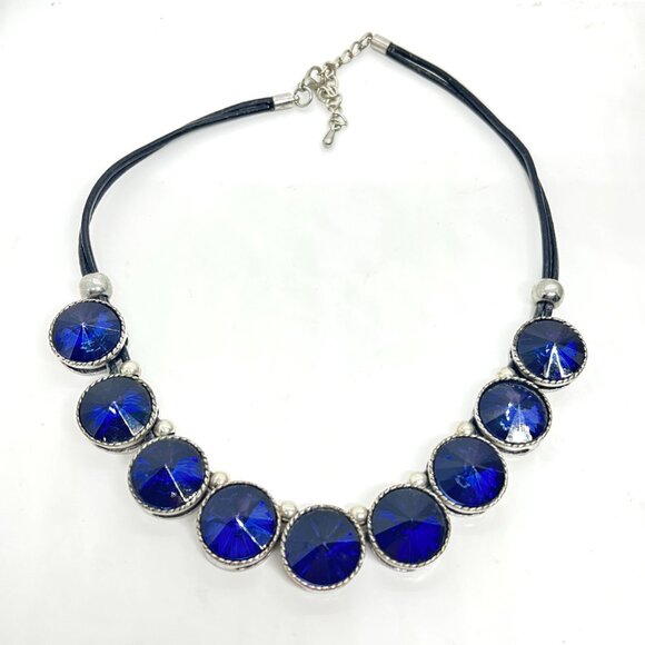 BOLD BLUE RIVOLI RHINESTONE STATEMENT NECKLACE BLACK CORD SILVER TONE BIB COLLAR - Picture 6 of 16